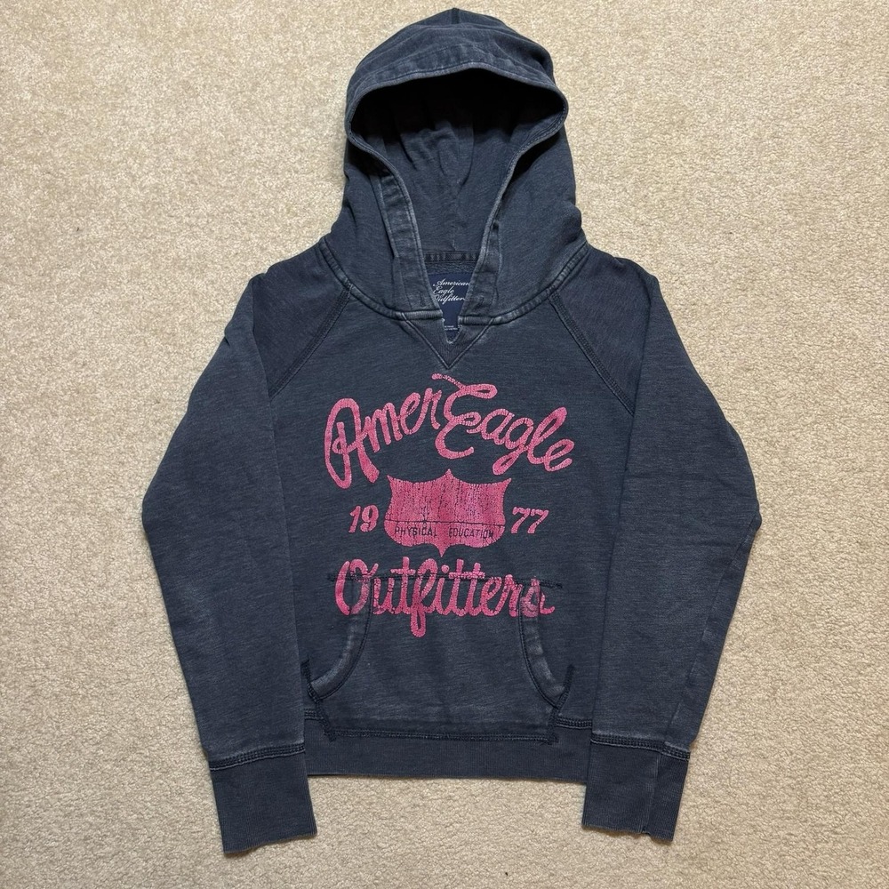 Y2K American Eagle Outfitters Hoodie Sweatshirt Womens Small Gray Phys Ed Preppy